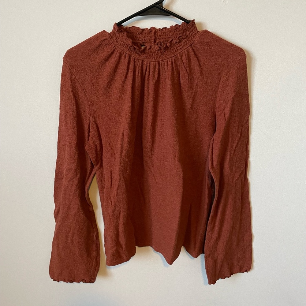Madewell Orange Smocked Long Sleeve Blouse